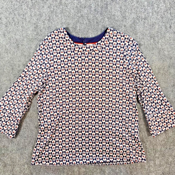 Boden Althea Top US 14 Navy Floral Print 3/4 Bell Sleeve Keyhole Back - Picture 1 of 9
